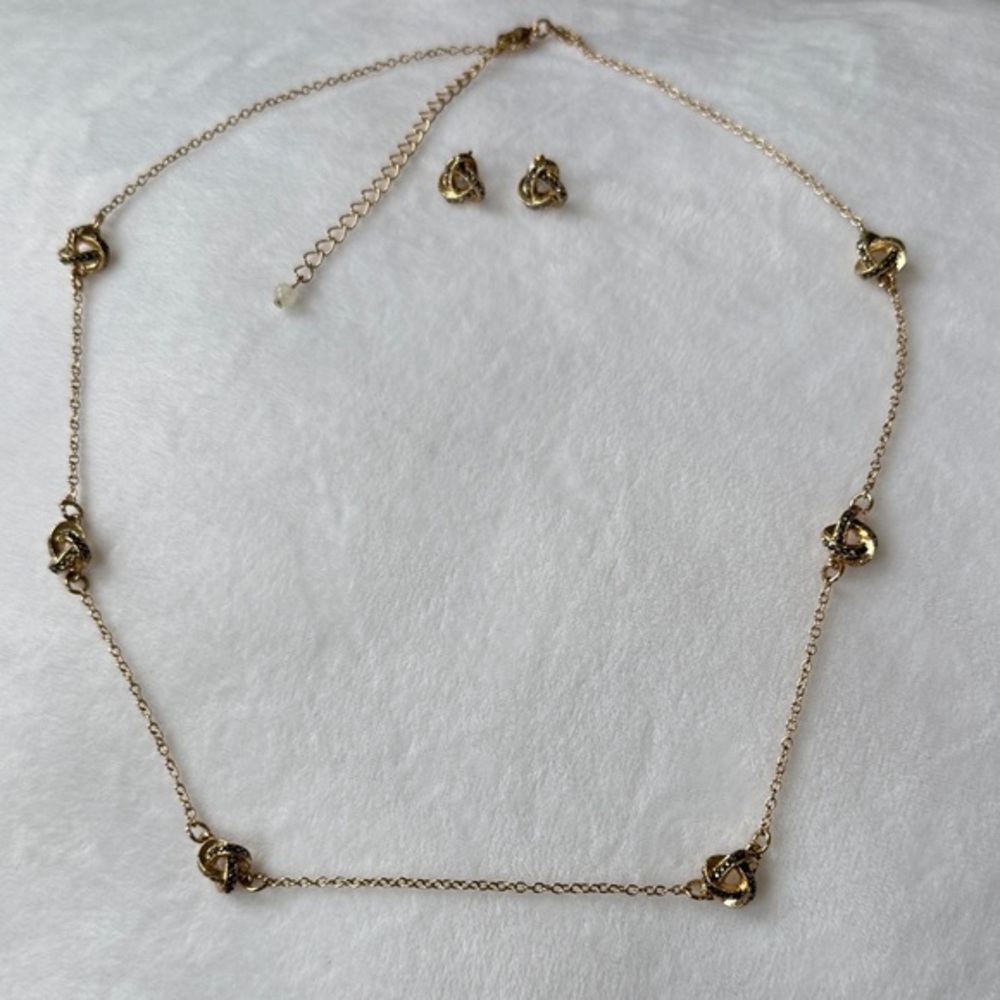 Avon Gold Knot Necklace and Earring Set with gray gems